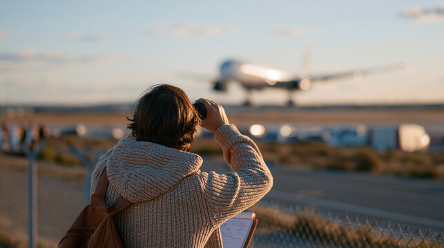 aviation enthusiast standing at airport perimeter fence binoculars raised tracking wide-body jet on final approach notebook open flight logging planespotting hobby afternoon