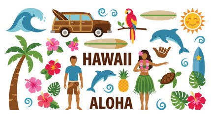 Hawaii summer vacation travel elements and icons set. © Amir