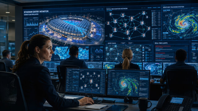 Security coordinators monitoring stadium crowd flow in control room