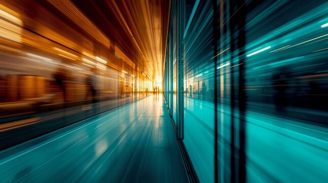 Dynamic motion-blur view down a modern glass office corridor with silhouettes of people and warm sunset light reflecting on polished floor