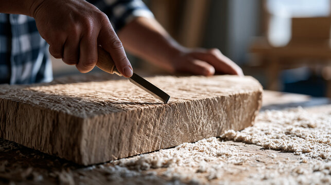 wood grain minimal surface close detail of handcrafted wooden memory box being engraved by artisan in workshop during World Alzheimers Day keepsake project with fine tool marks