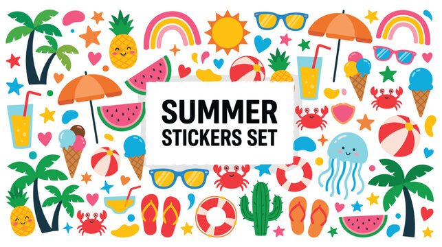 Summer sticker set with tropical elements and sea life.