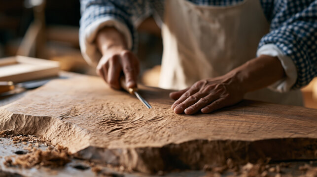 wood grain minimal surface close detail of handcrafted wooden memory box being engraved by artisan in workshop during World Alzheimers Day keepsake project with fine tool marks