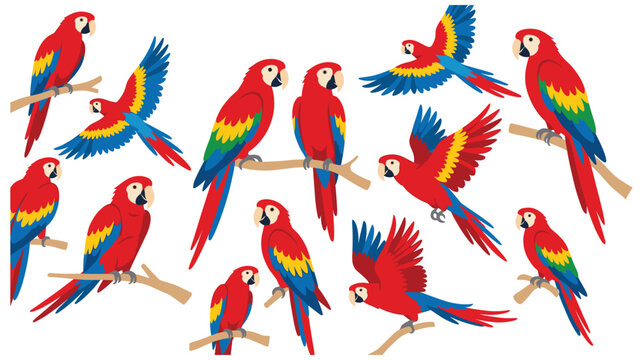 A collection of colorful scarlet macaw parrots flying.