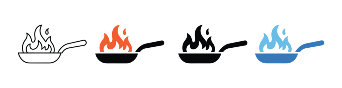 Cooking pan icons with fire flames in linear and solid vector styles, designed for culinary projects, restaurant branding, food services, and website interfaces.