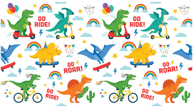 Kids birthday pattern with cute dinosaurs and vehicles.