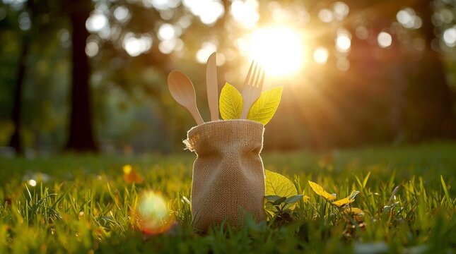 Eco-friendly wooden cutlery set in a burlap pouch on green grass with sun flare in a park, symbolizing sustainable zero-waste dining