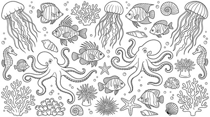 Black and white sea animals set with different fish. © Amir