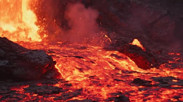 Molten volcanic lava flowing over dark basalt rocks.