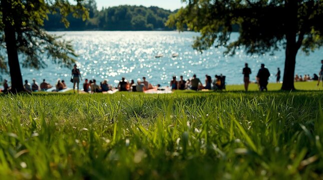 Sunny lakeside park with people relaxing on grass under trees, sparkling water in the background