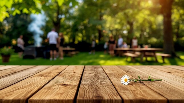 Single white daisy on a wooden picnic table in a sunny park with blurred people and barbecue smoke in the background