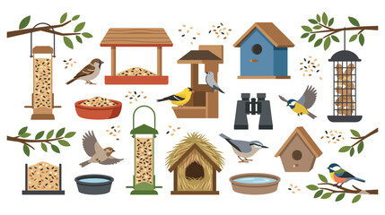 Various bird feeders and birds in garden setting. © Amir