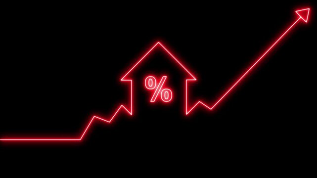 Home icon house sign neon lights animation with up success arrow persentage increase. Neon House, home building animation. Neon home button icon animation.4k animation motion video.