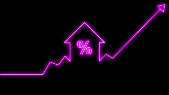 Home icon house sign neon lights animation with up success arrow persentage increase. Neon House, home building animation. Neon home button icon animation.4k animation motion video.