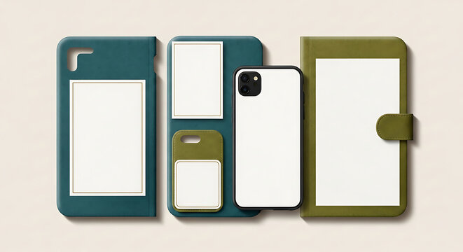 Teal and olive green smartphone cases and folio covers with blank white inserts