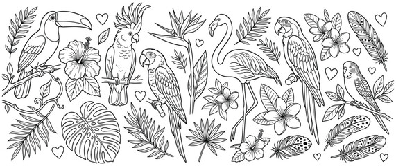 Tropical birds set with exotic flowers and palm leaves. © Amir