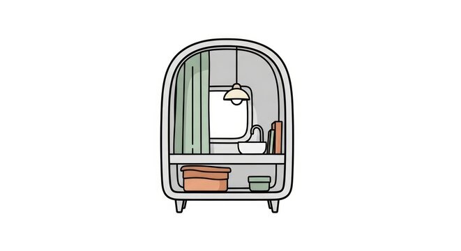 Minimalist line drawing of a small camper interior