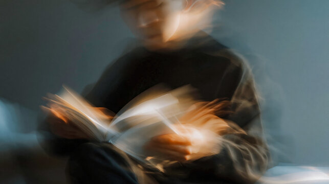 Hands quickly flip book pages, creating bright motion blur.