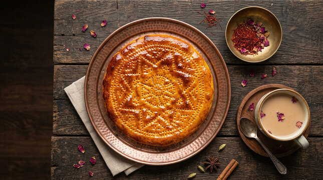 Kashmiri sheermal saffron milk bread with golden glaze on copper plate and dried rose &ndash; overhead shot, traditional bread, food photography,Indian bread, Asian bread