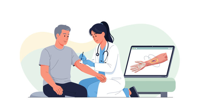 Medical Illustration Depicting a Doctor Administering Treatment to a Patient on Healthcare Setting
