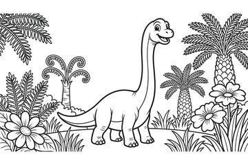 Cute Long Neck Dinosaur Coloring Page with Tropical Plants Vector © Rajesh