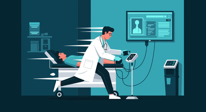 Medical Illustration Featuring A Doctor Taking Action While A Patient Undergoes Examination