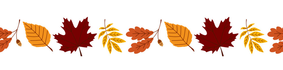 Seamless border pattern with fallen leaves in a row for contour design, maple, American beech, oak, hickory, American autumn leaves © Senaysky