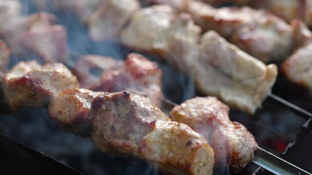 Close-up of juicy meat shashlik focused in the foreground while grilling on skewers in a mangal. Flavorful white smoke rises from appetizing pieces of pork with a blurred background