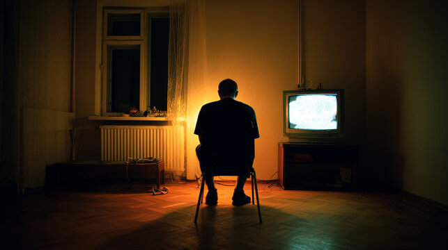 Empty flat with a single chair facing a darkened television screen ,alone man sitting in empty room, alone lamp in the dark room, alone man, a man working in the evning in empty fl