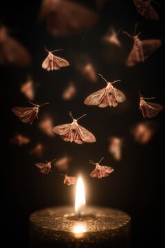 Swarm of nocturnal moths flying around a glowing candle flame in dark room, beautiful night insects attracted to bright light source, conceptual image of temptation obsession and risk background
