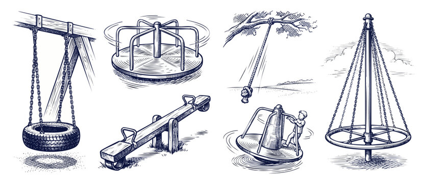 Playground equipment vintage sketch illustrations featuring tire swing, classic seesaw, retro merry-go-round, rope swing, and outdoor kids playset structures in hand drawn engraved line art style pack