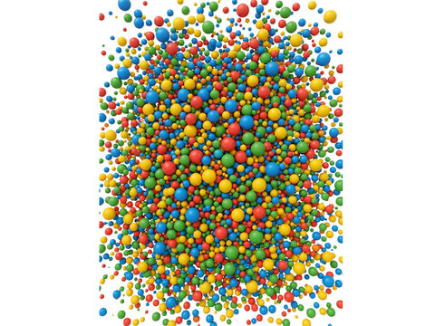 Spheres rendered in a dense cluster fill the central frame with an explosion of color and geometric volume that serves as a high energy conceptual graphic for modern branding and technology layouts.