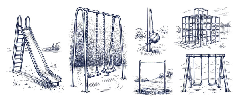 Playground equipment vintage sketch set of classic outdoor park activities including swings slide jungle gym pull up bar and tetherball in retro hand drawn engraving style for nostalgic design.