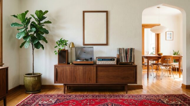 Mid-century modern living room interior with vintage record player, blank vertical poster frame mockup on wall, retro wooden sideboard and fiddle leaf fig plant