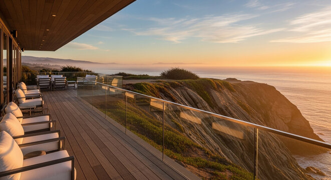 Luxurious modern cliffside deck with white lounge chairs overlooking the serene ocean at sunset, bathed in warm golden light.