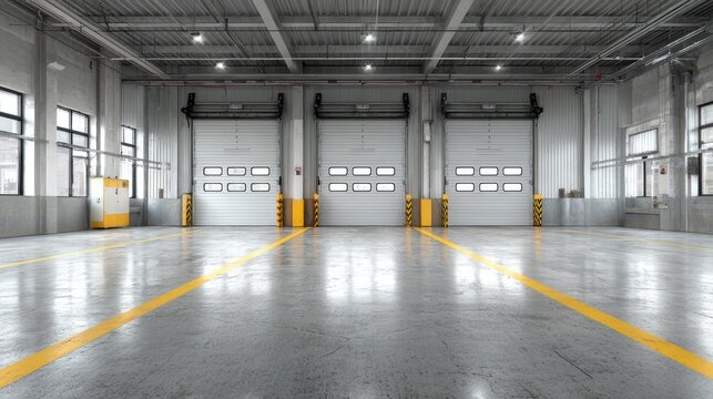 Modern industrial warehouse interior with loading docks and concrete floor