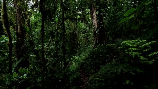 Dense Dark Cloud Forest in Ecuador with Moss Covered Trees, Green Understory, Ferns and Remote Andean Amazon Rainforest Biodiversity Landscape, Stock Travel Background