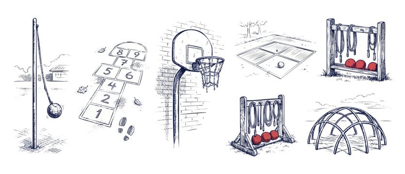 Vintage school playground games illustration set featuring retro outdoor activities like hopscotch, basketball, tetherball, jump rope, and jungle gym climbing dome for nostalgic kids recreation.
