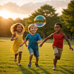 Obraz premium children playing with bubble in park