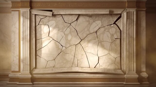 Cracking wall sequence showing progressive collapse in sunlit marble interior