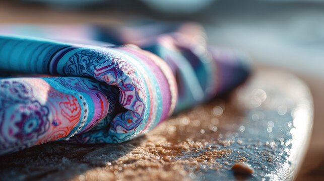 Folded colorful patterned fabric on a sandy beach surface