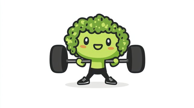 Cute broccoli character lifting weights, healthy food, fitness, cartoon