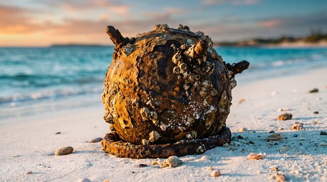 Old rusty naval mine washed up on a sandy beach at sunset