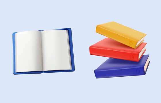 Book icons 3D set. Stacks of colorful books, open textbooks for reading and flying books. Love of literature. Education and learning. Realistic plasticine style vector illustration collection on white