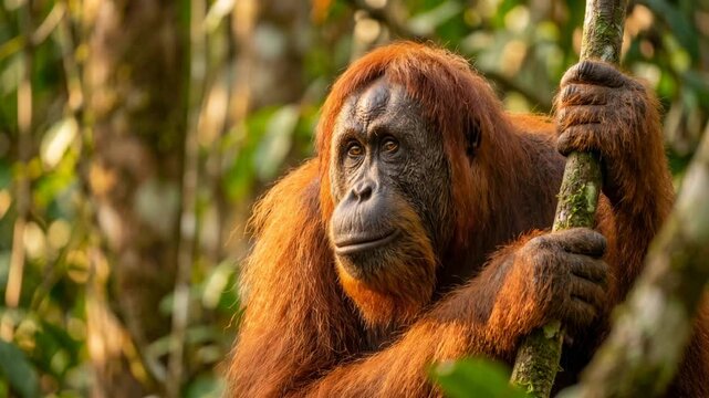 bornean orangutan close up in borneo rainforest golden sunlight video