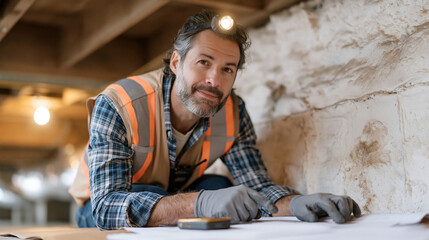 Obraz premium Structural home inspector in a safety vest crouches beneath a crawlspace entry point, headlamp illuminating the foundation wall while one gloved hand points to a moisture stain in