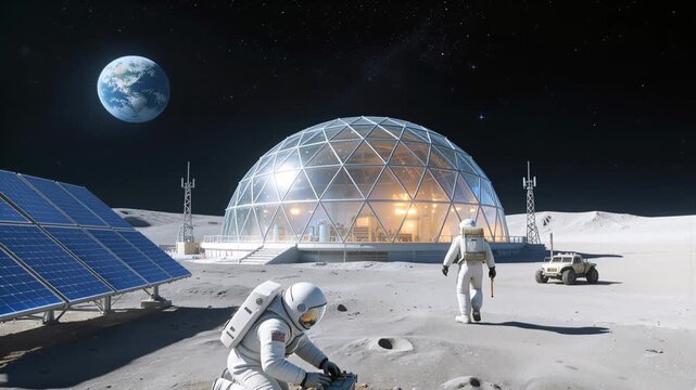 Astronauts working at lunar base with geodesic dome and solar panels. Earth visible in the dark space sky from moon surface. Panning camera shot.