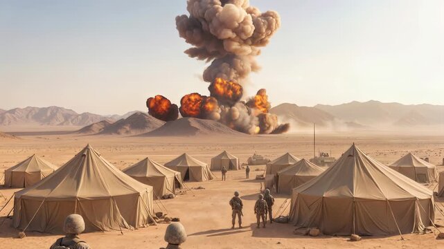 Armed troops watching massive explosion at desert base. Military camp with tents under fire in arid mountain landscape. Wide shot with vertical tilt.