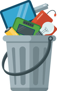 Electronic waste in trash bin vector illustration.