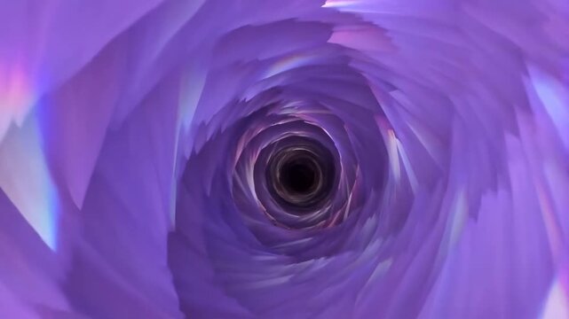 Tracking shot of swirling purple tunnel spiraling inward through abstract digital interior with forward dolly motion hypnotic vortex